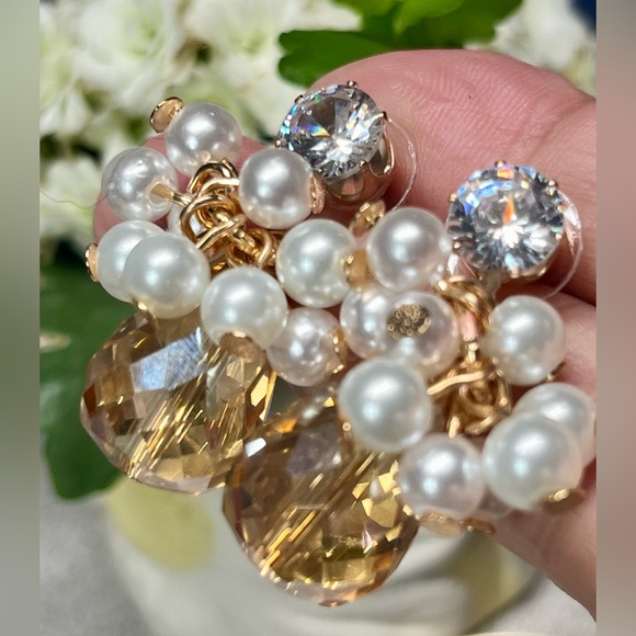 Artisan Gold and White Cluster Earrings with Pearls - Picture 2 of 9